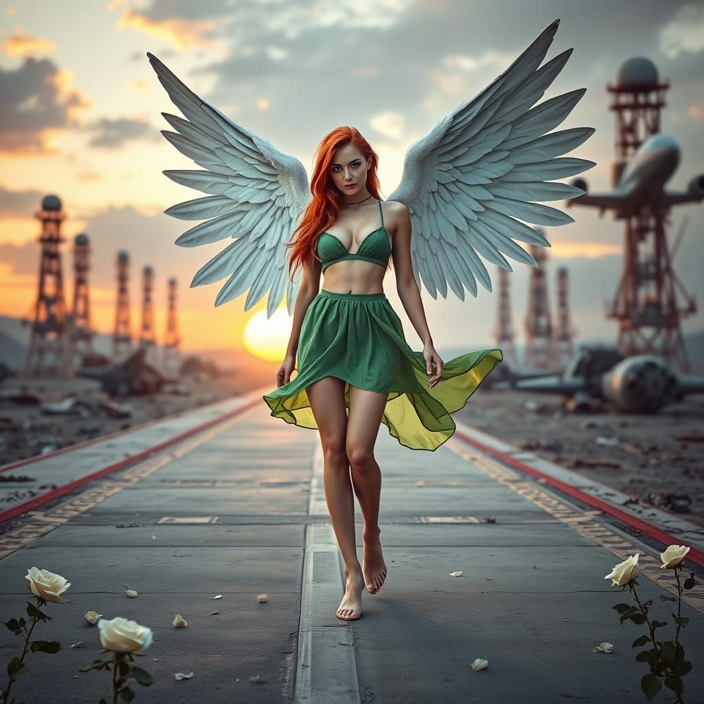 Majestic Angeline Figure in Cyberpunk Spaceport Setting