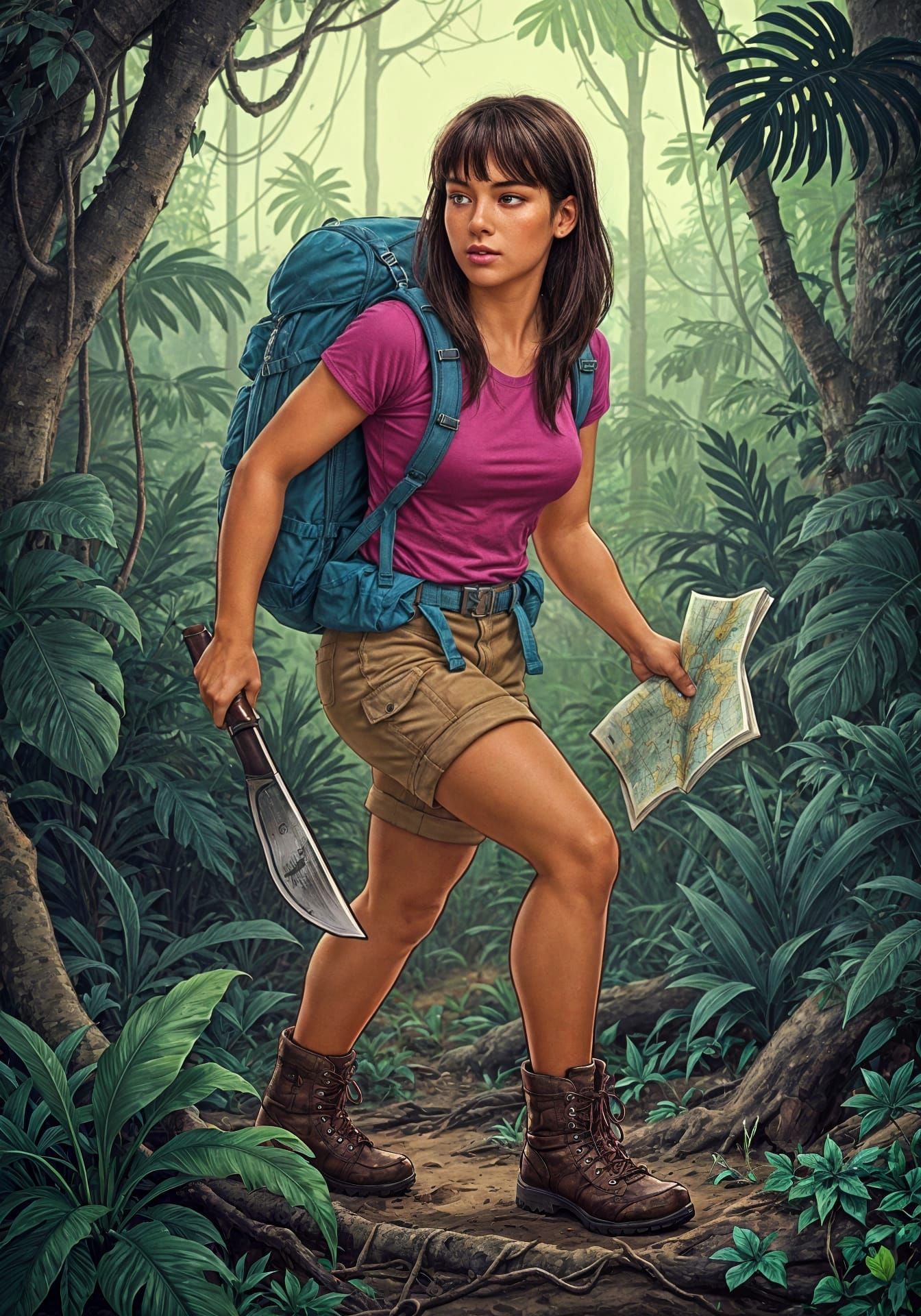 Cartoon-Style Dora the Explorer in Guatemalan Jungle