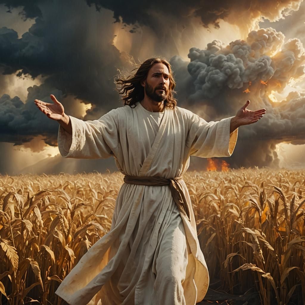 Dramatic Jesus Figure in Storm and Fire