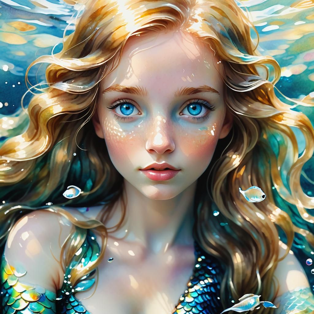Blue-Eyed Mermaid in Watercolor Style