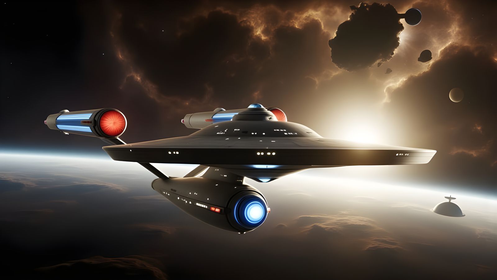 Spectacular Starship Emerge from Nebula in Cinematic Film St...