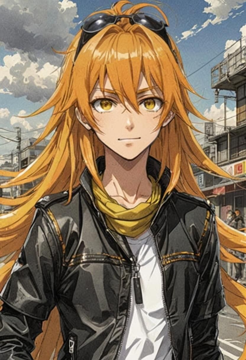 He is wearing black sunglasses on top of his head. by artist...