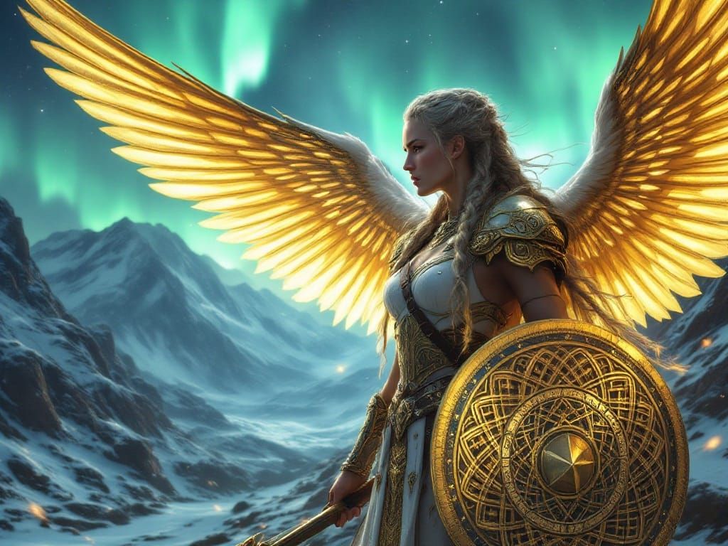 Epic Valkyrie in Golden Wings and Armor, Celtic Shield at th...