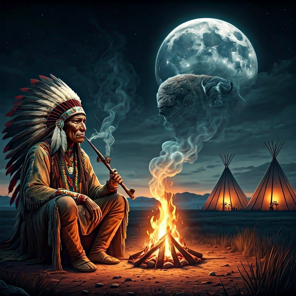 An old native  apache chief sitting next to a camp fire smok...