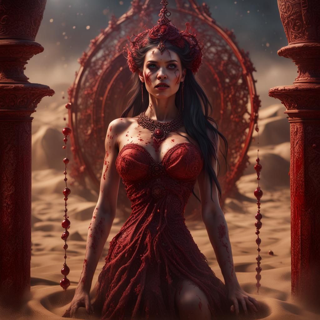 Blood Goddess Trapped in Hourglass: Hyperrealistic Matte Pai...
