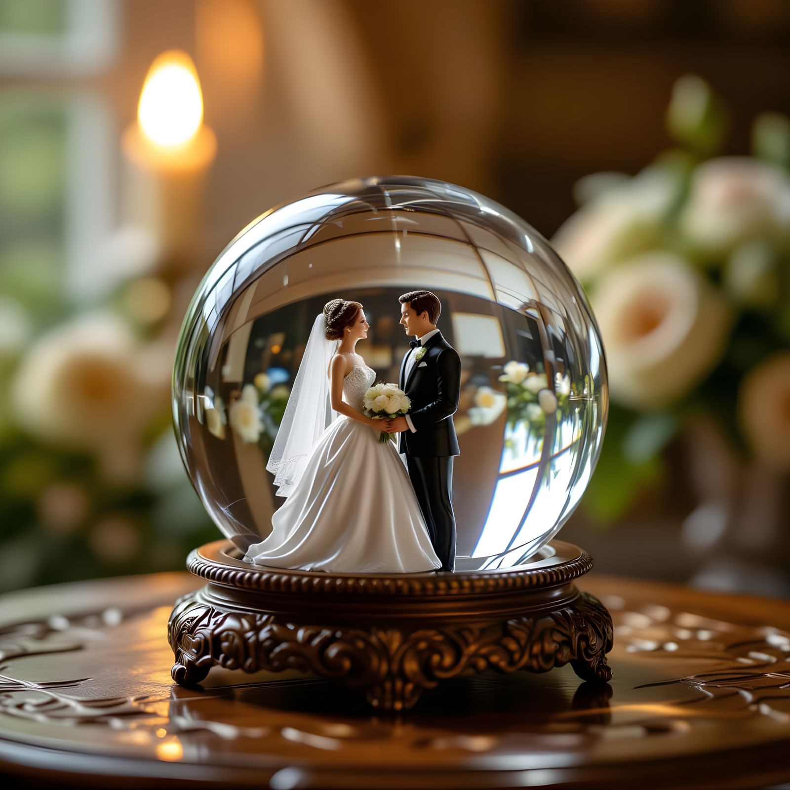 Miniature Bride and Groom in Crystal Ball, Bokeh