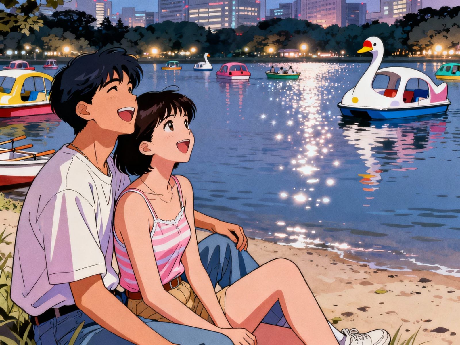 Couple in 90s Tokyo Fashion by a Lake