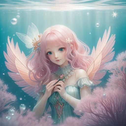 Pink Shrimp with Fairy Aura in Underwater Garden