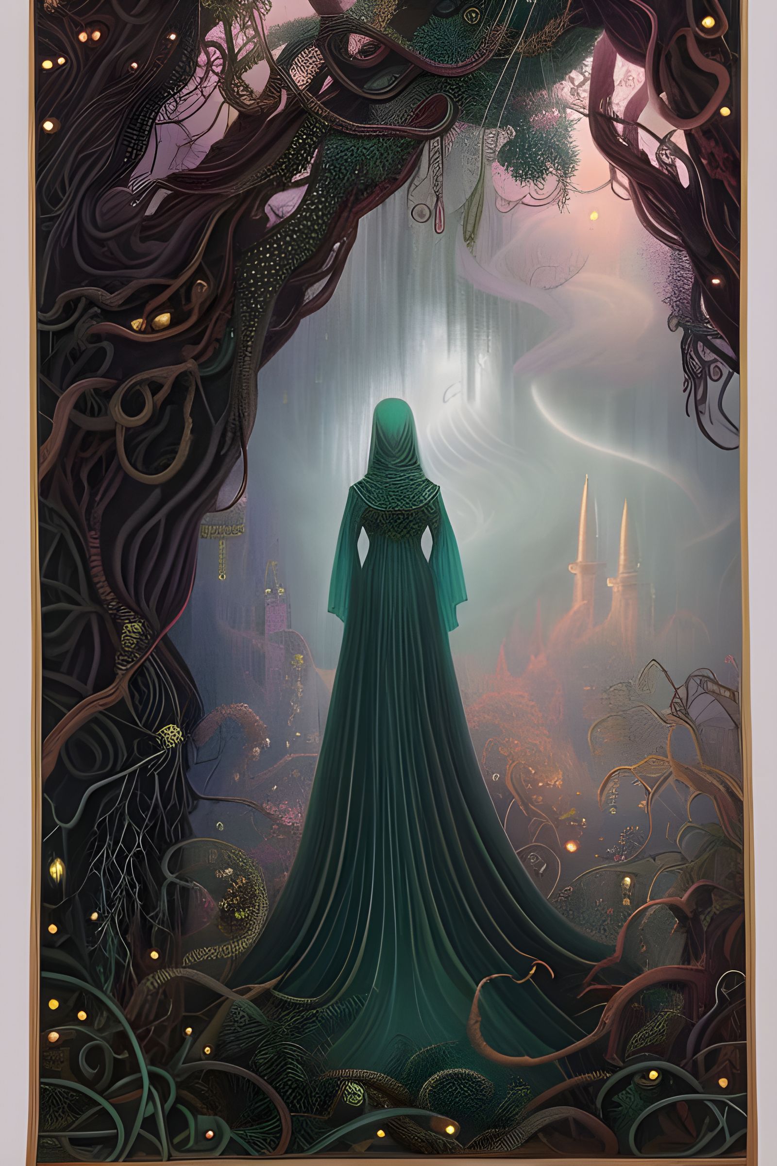 Magical Asian Sorceress in a Lovecraftian Storybook Illustra...