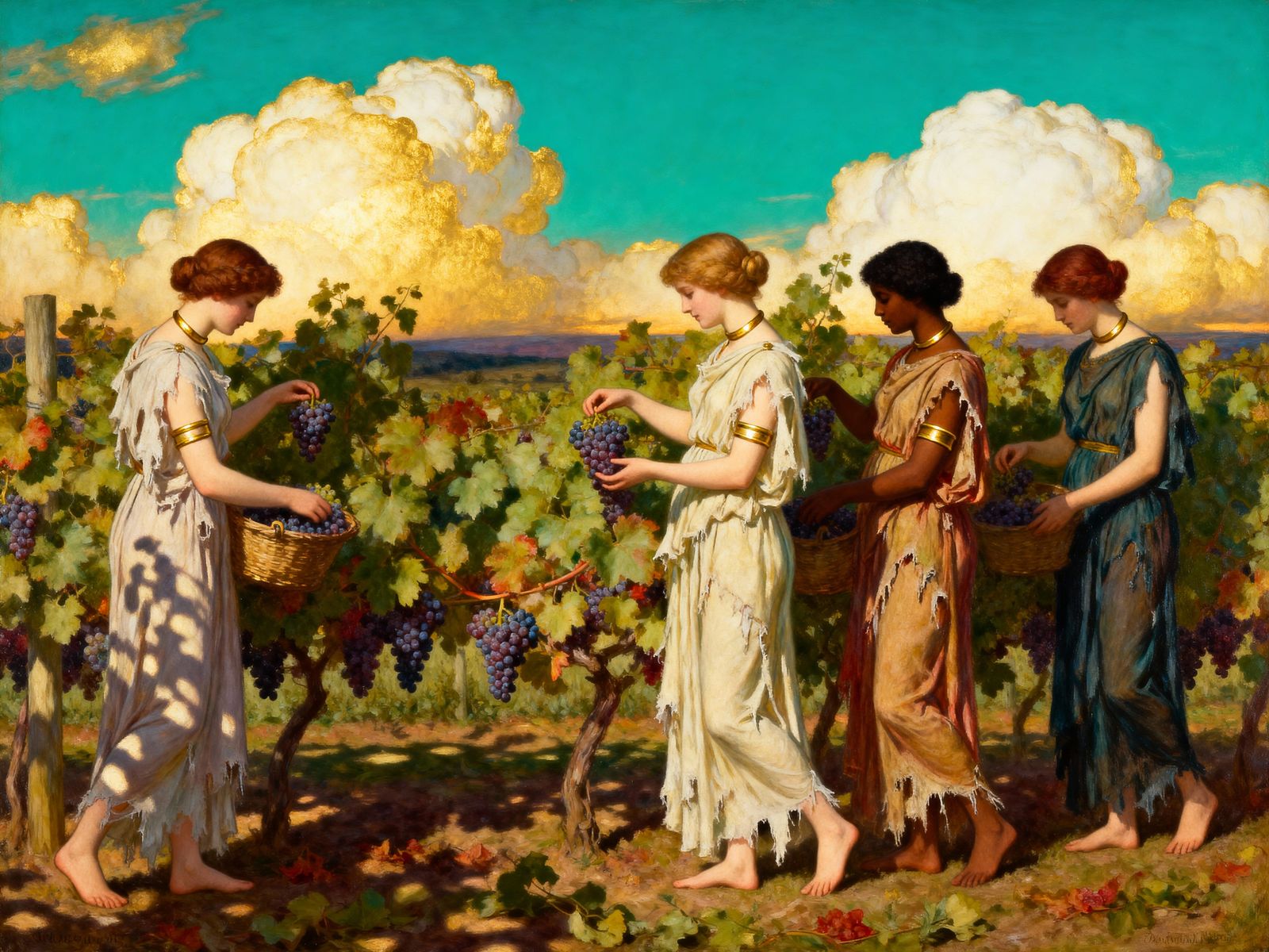 Pre-Raphaelite Painting: Diverse Girls Picking Grapes