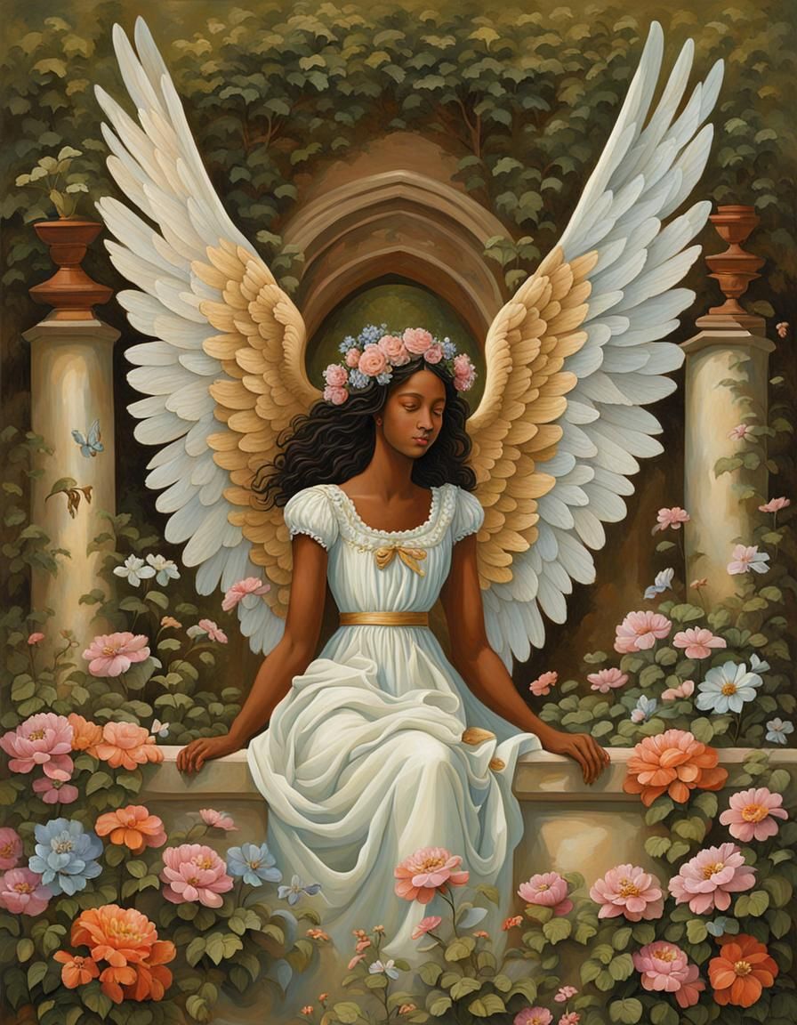 Melanin Angel with Majestic Wings in Rococo Style