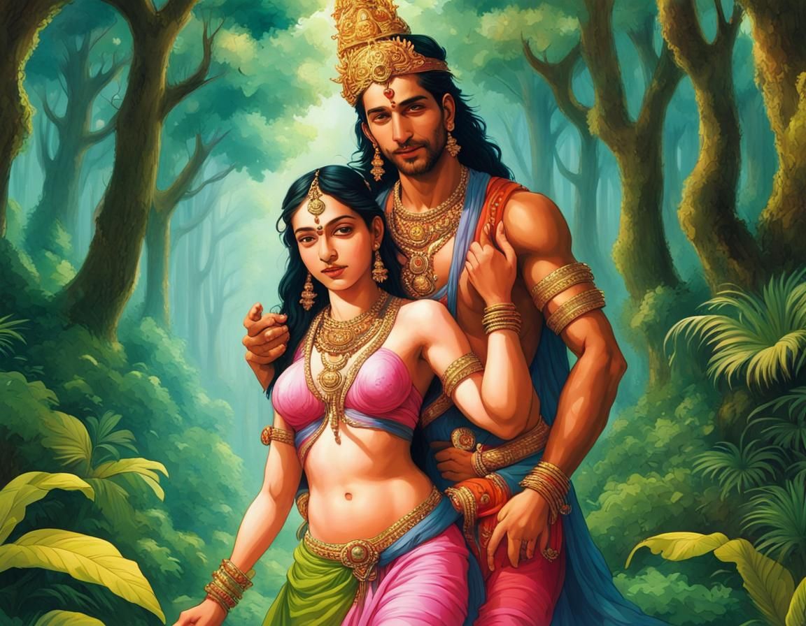 Vishnu and Sita in Lush Forest, Contemporary Style