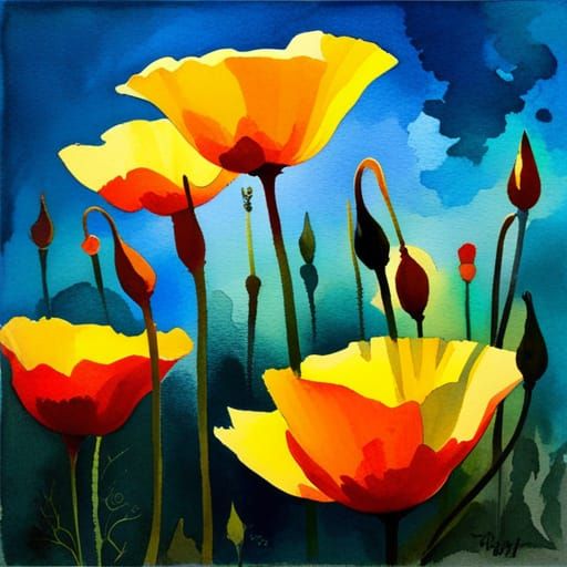 Yellow Poppies Watercolor Painting in Magical Setting