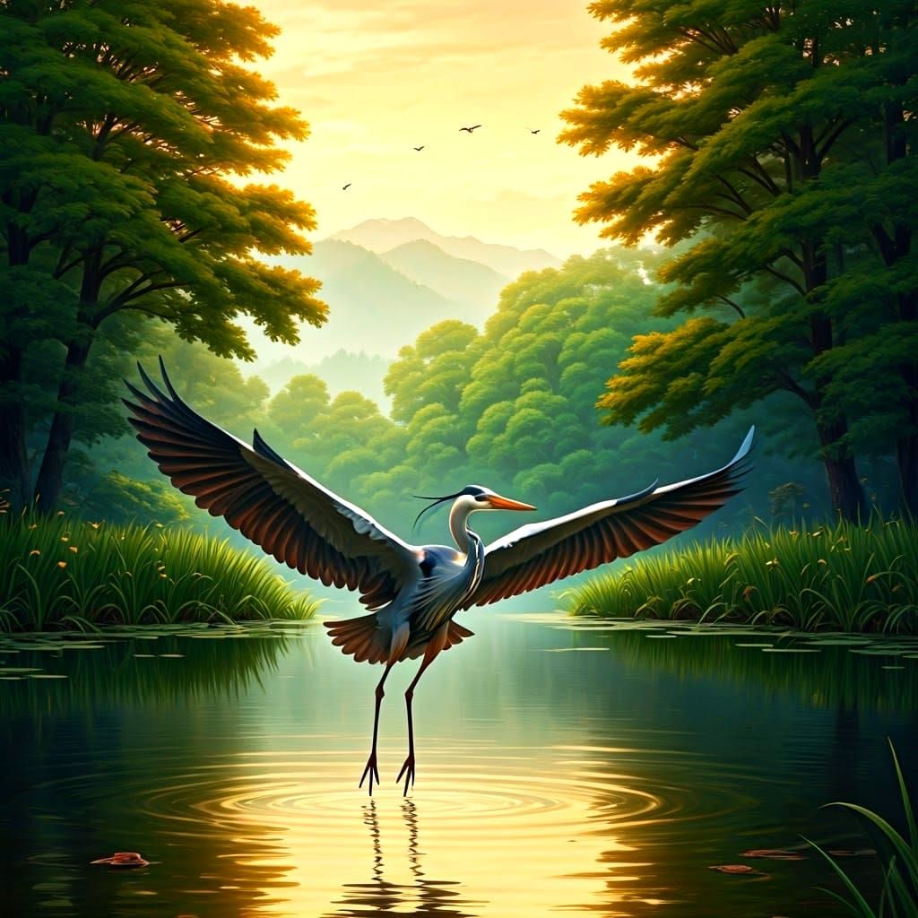 Epic Watercolor Heron Takes Flight at Dusk in Woodsy Landsca...
