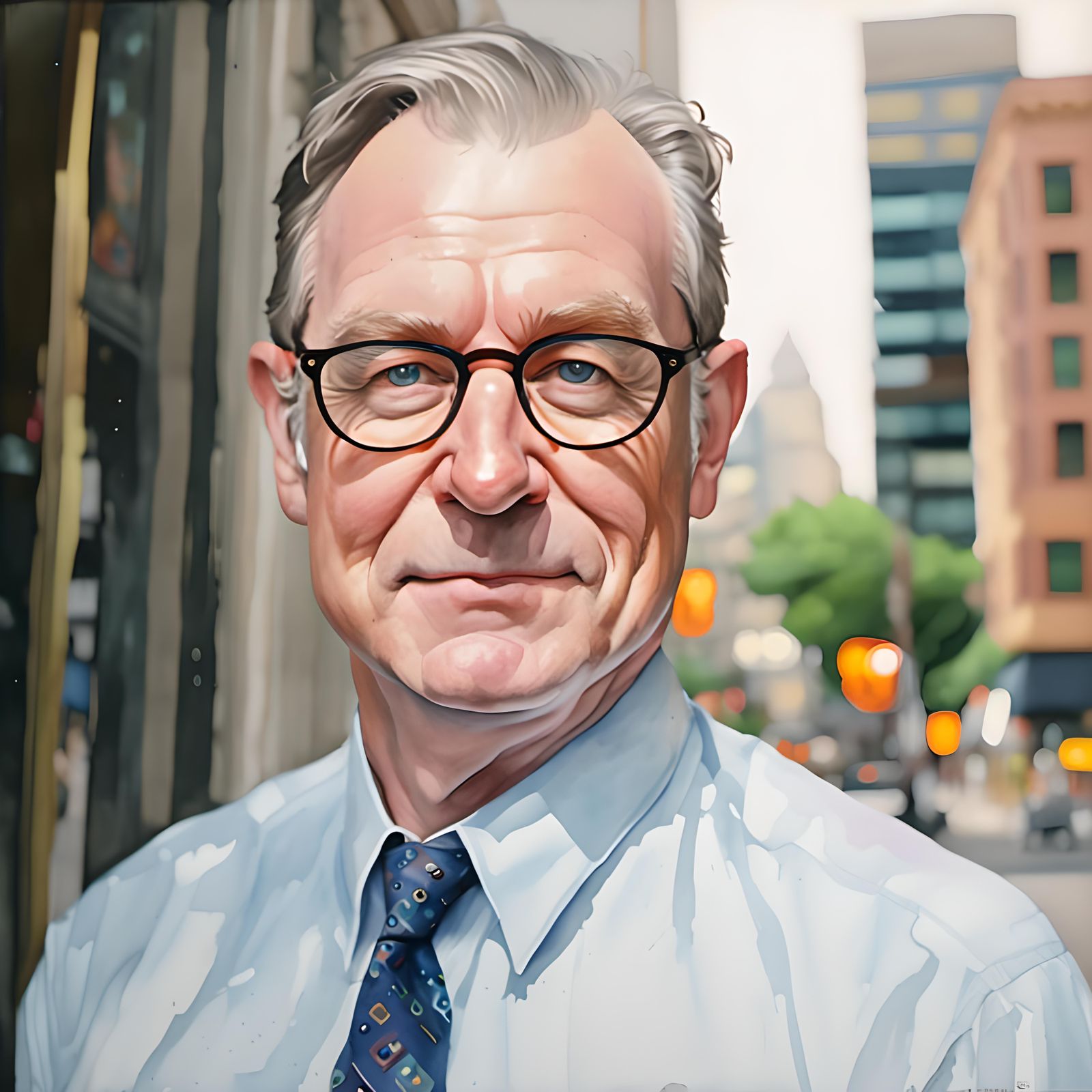 Watercolor Portrait of Middle Aged Man in City