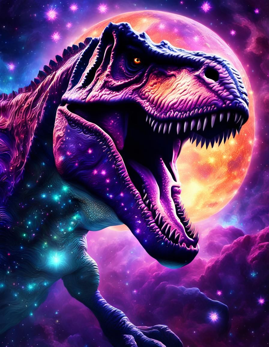 Surreal Cosmic Tyrannosaurus Rex in Vibrant Oil Painting
