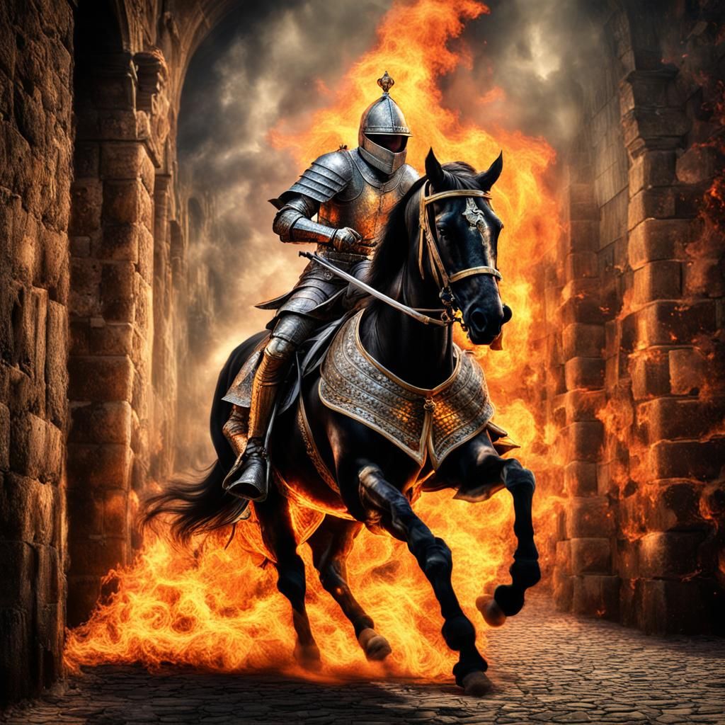 Knight on Horseback Rides Through Wall of Fire