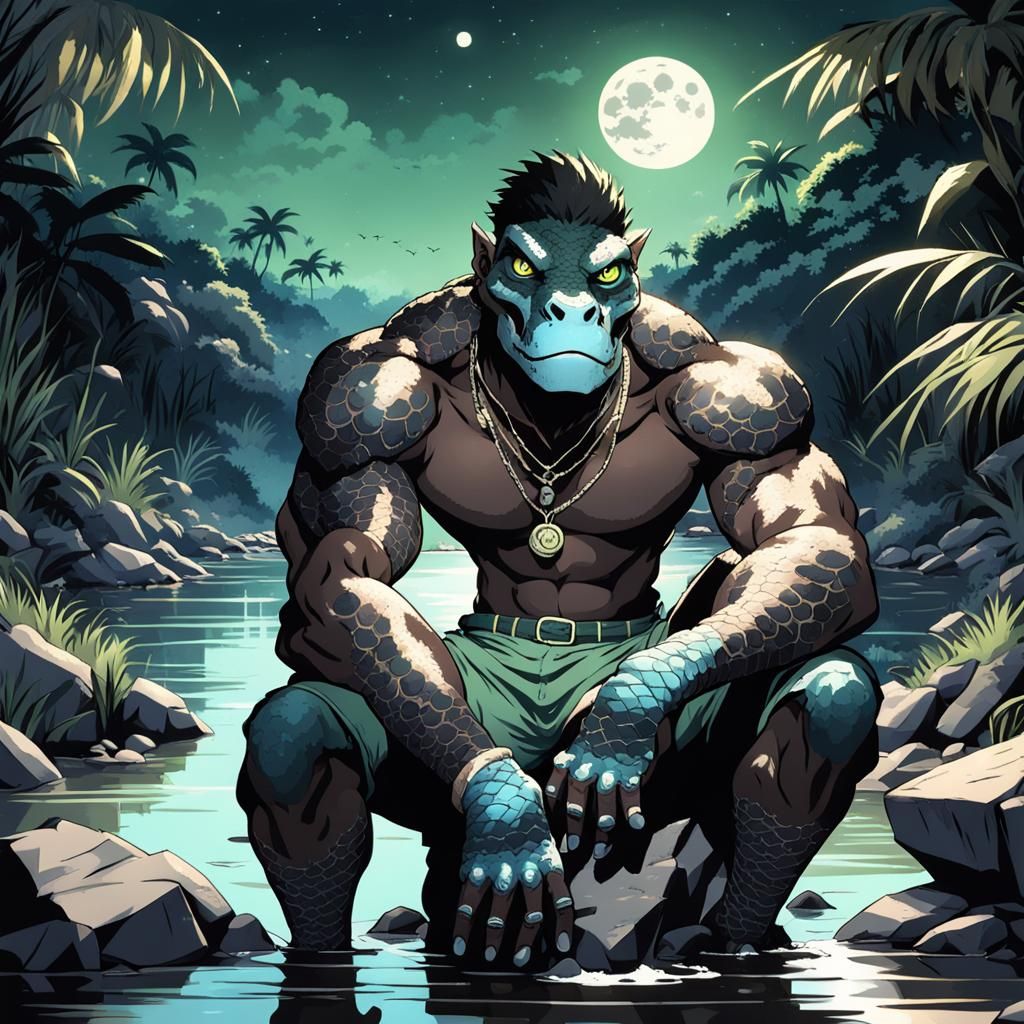 Anime Boy with Caiman Head in Amazon Jungle