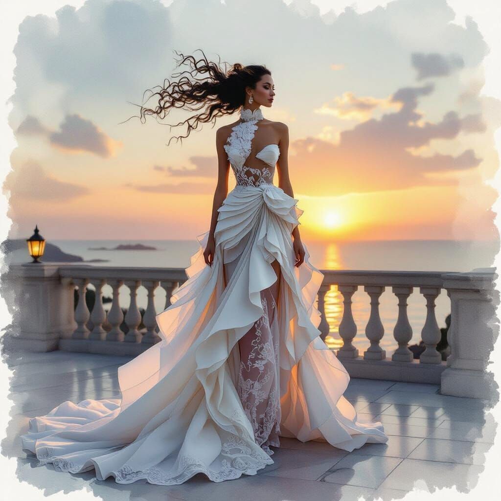 Woman in Avant-Garde Gown on Windswept Terrace