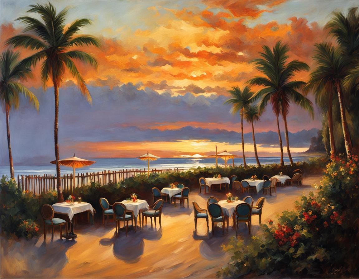 Tropical Beach Sunset: Oil Painting in Sargent Style