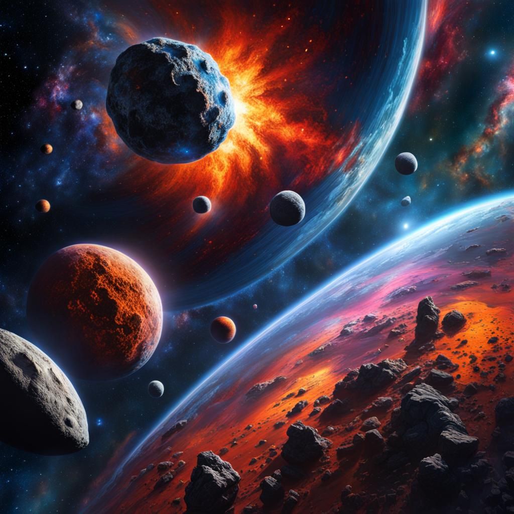 Detailed Asteroids in Space Digital Painting