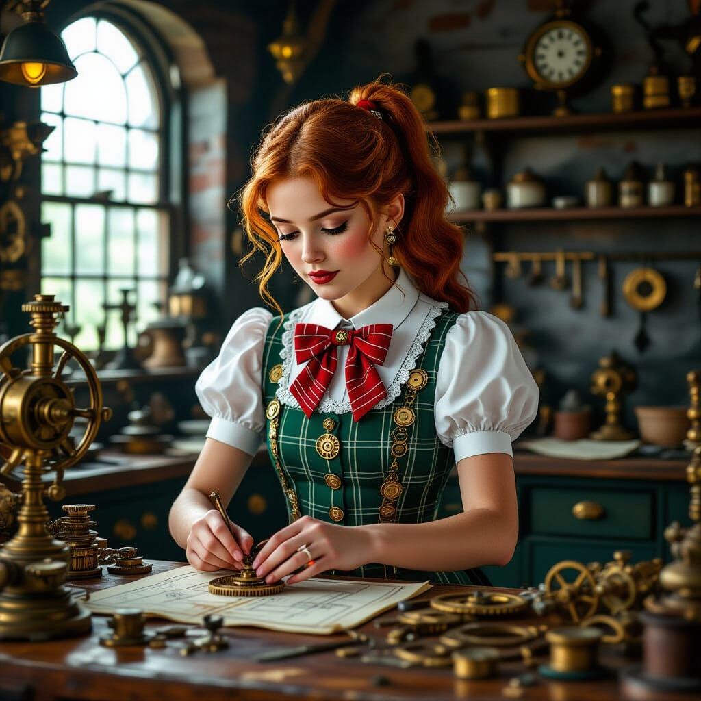 Steampunk Schoolgirl in Whimsical Clockwork Workshop