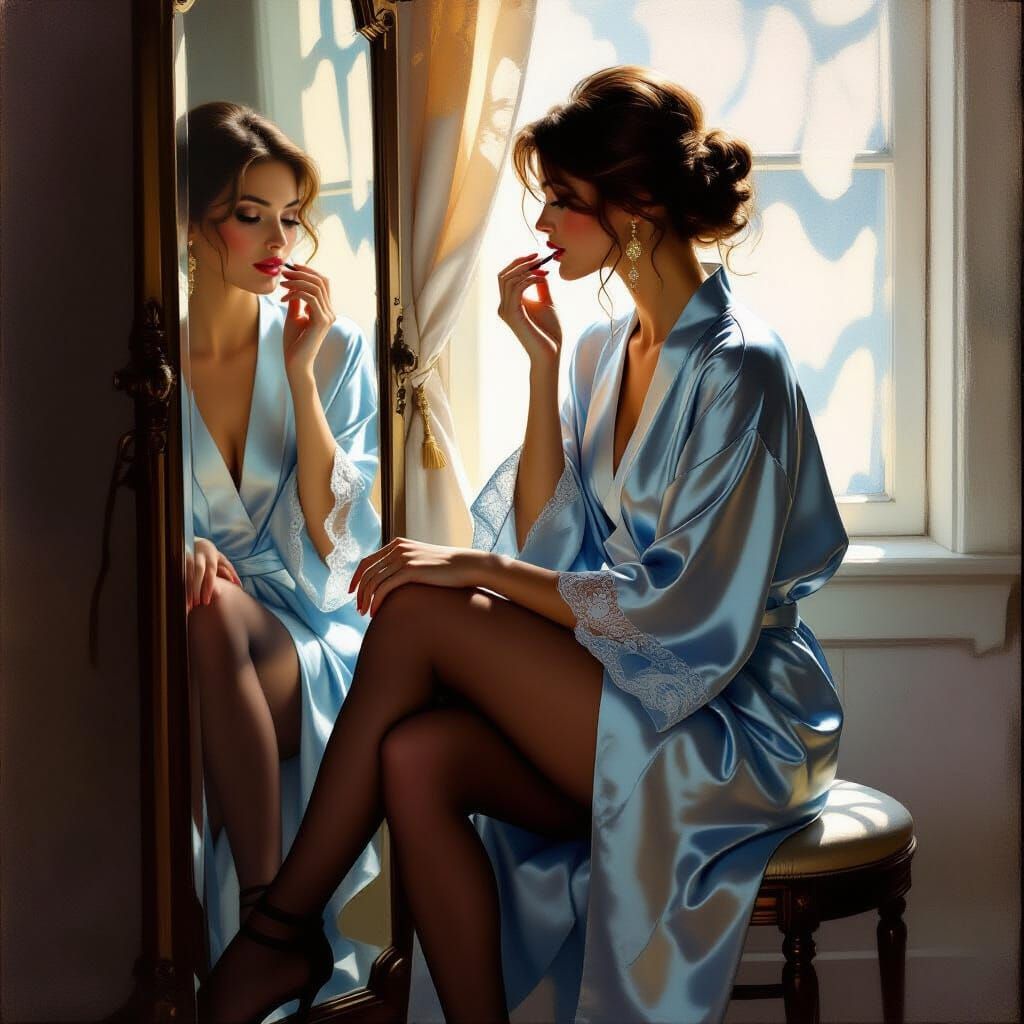 Woman Applying Makeup in Morning Light, Painterly Style