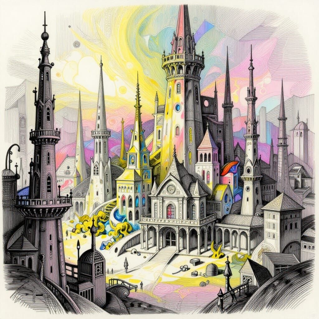 Fantasy Cityscape Drawn on Paper, Abstract Realism