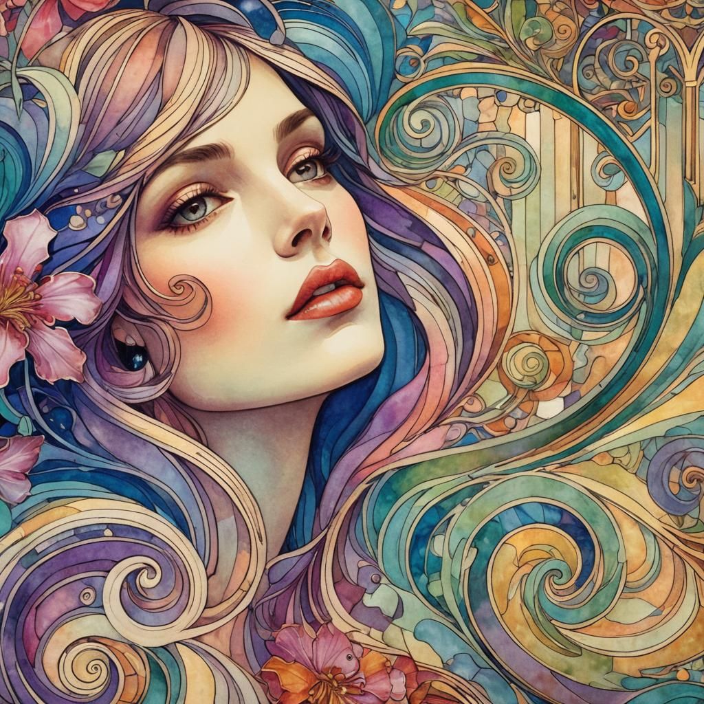 Art Nouveau Portrait: Beautiful Woman in Abstract Landscape