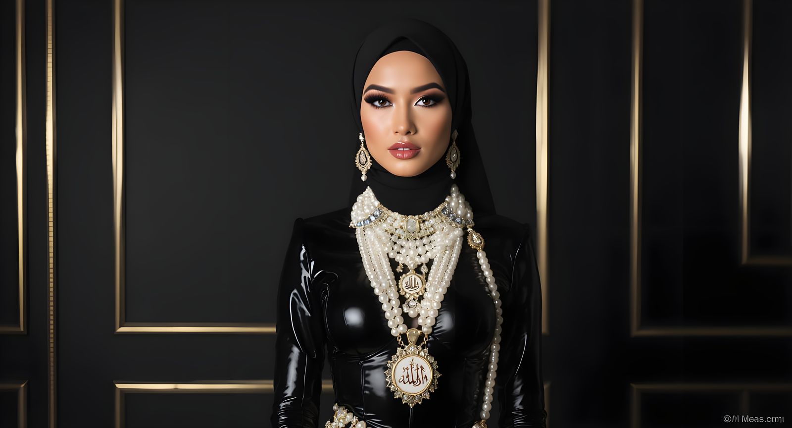 Asian Woman in Latex with Pearl Body Chain and Arabic Jewelr...