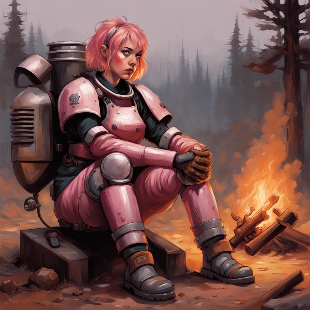Pink-Haired Woman in Power Armor by Campfire
