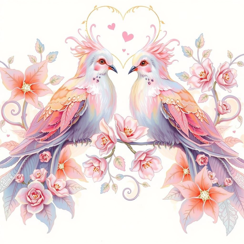Two exquisite pink doves, adorned with soft, downy tufts of feathers atop their heads, sit poised on a slender, curly tr...