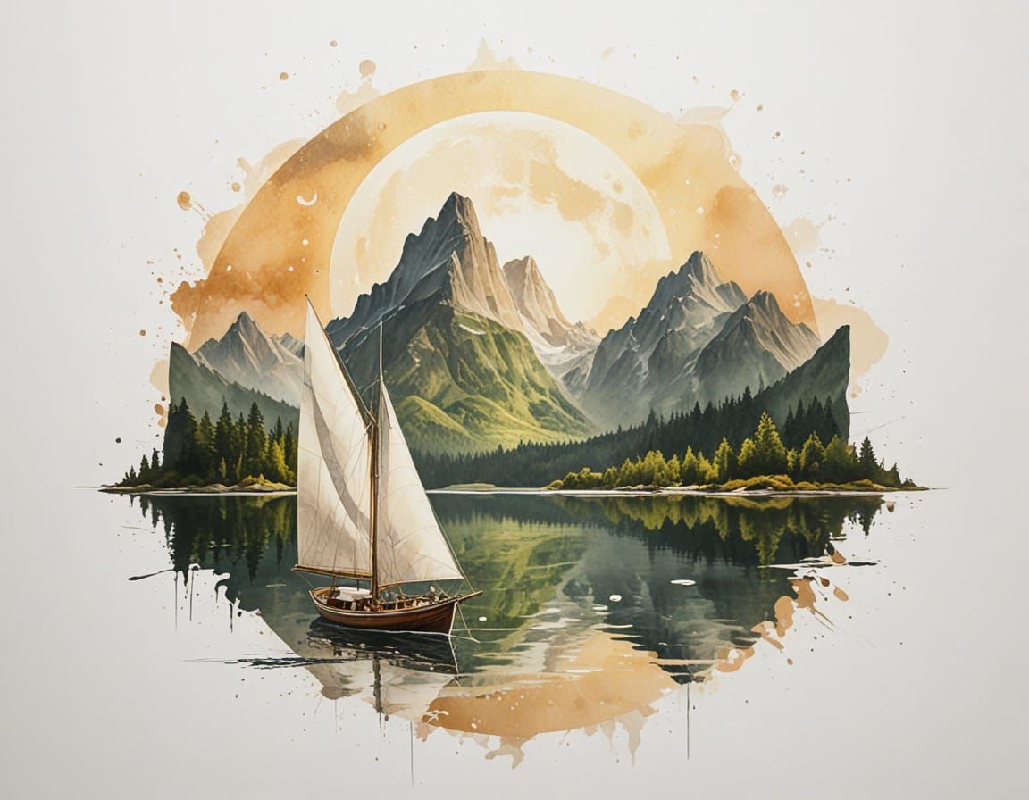 Majestic Sailboat Under Glowing Moon in Mountain Landscape