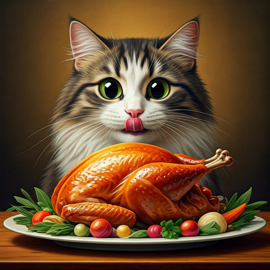 Tortoiseshell Cat Longing for Thanksgiving Dinner as Oil Pai...