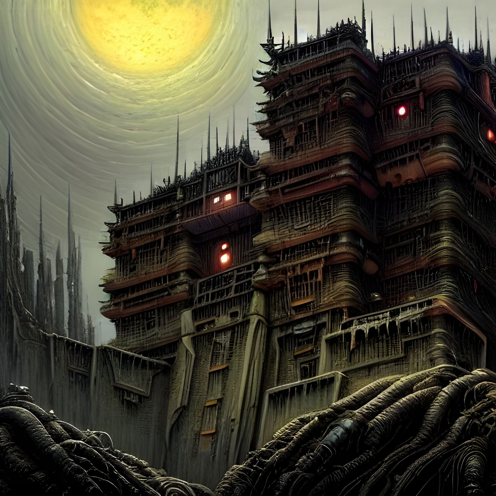 Creepy Sci-Fi Fortress on Hillside, Cyberpunk Art