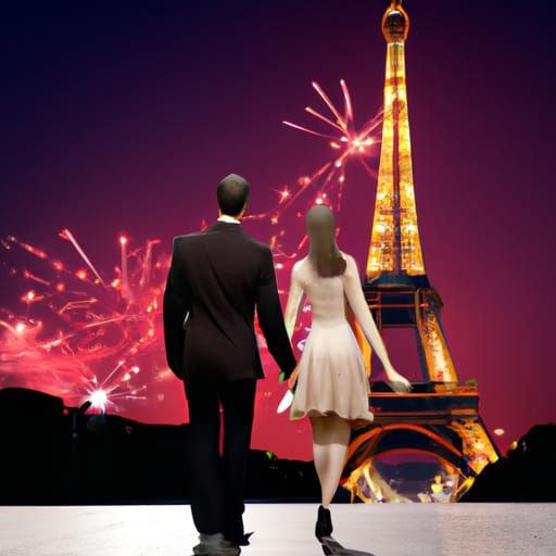 Romantic Couple at the Eiffel Tower Fireworks