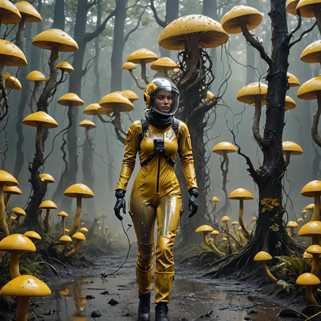 Curvy Woman in Latex Suit Among Giant Mushrooms