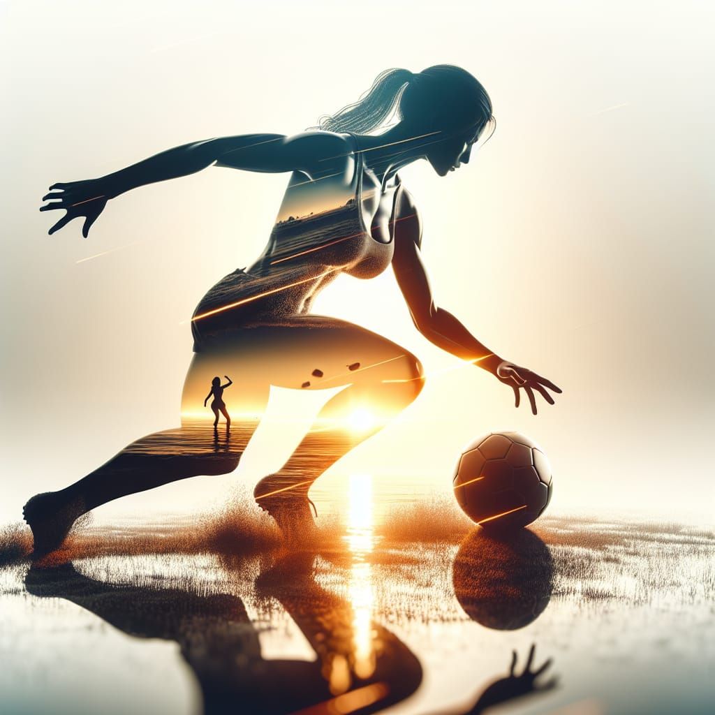 Athletic Woman's Silhouette Playing Football at Sunset