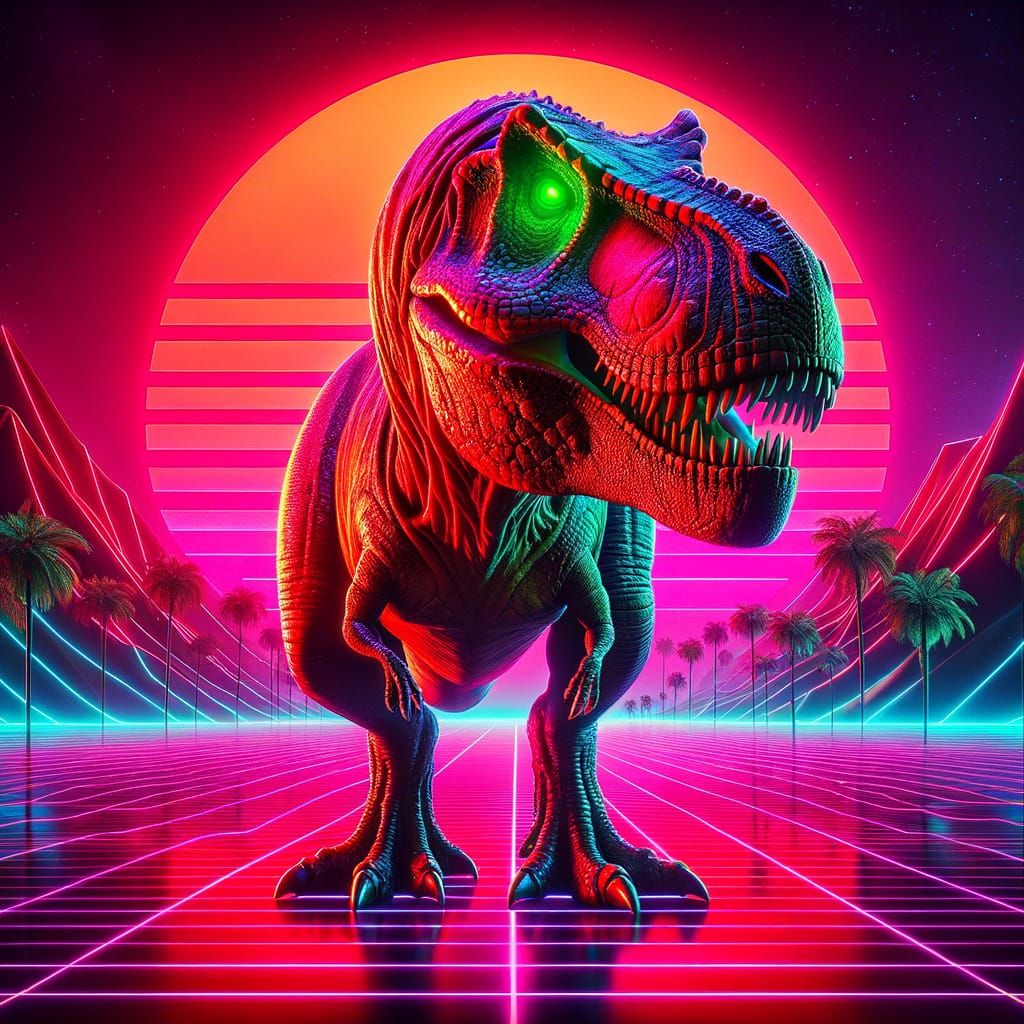 Battle-Hardened Tyrannosaurus Rex in Neon Synthwave Landscap...