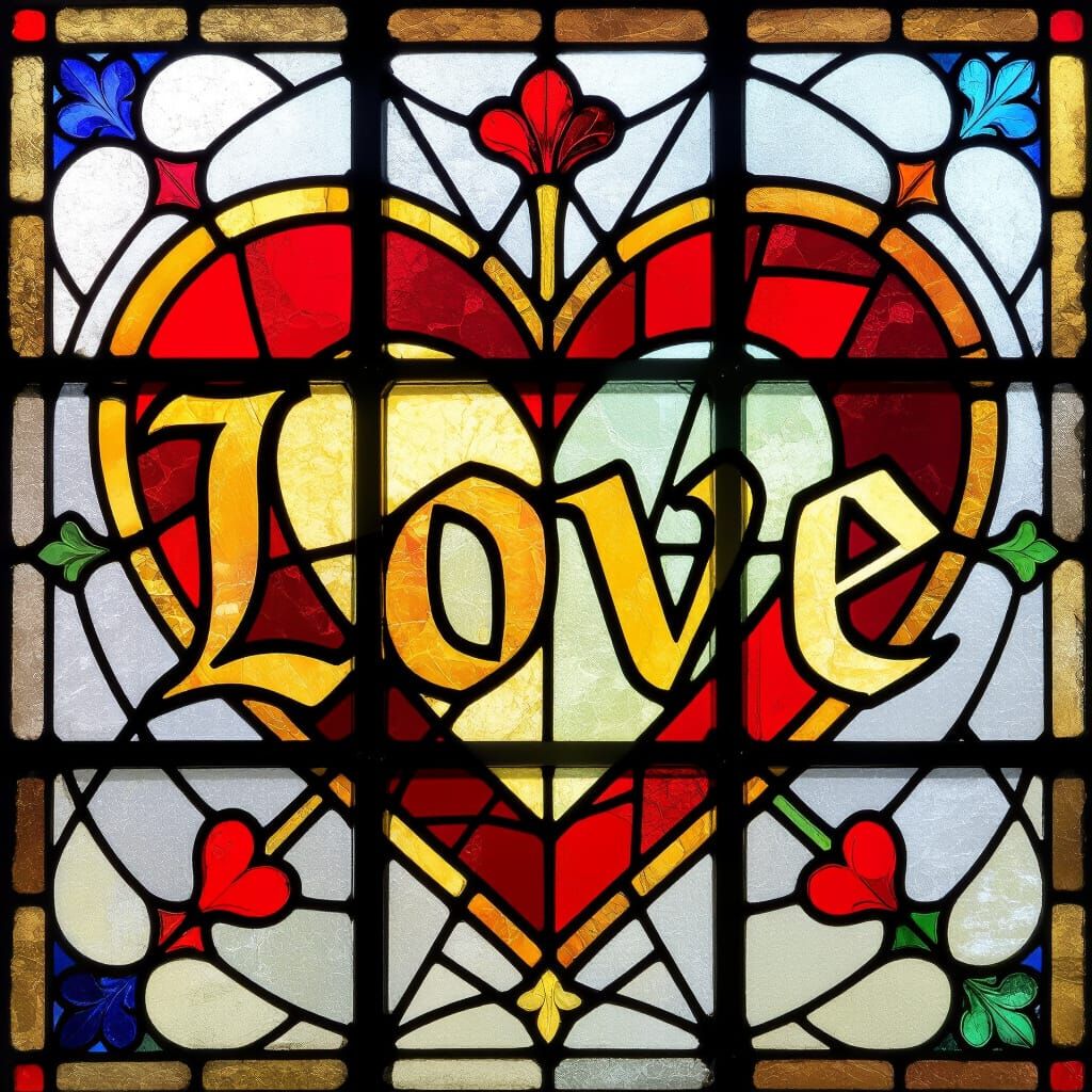 Abstract Stained Glass Sacred Heart with LOVE