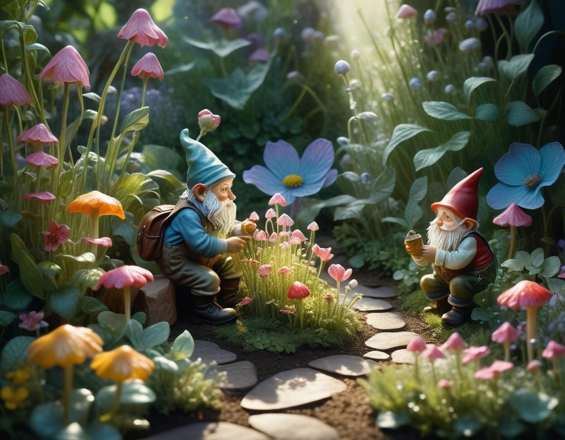 Gnome Gardeners with Glowing Flowers in Whimsical Realism