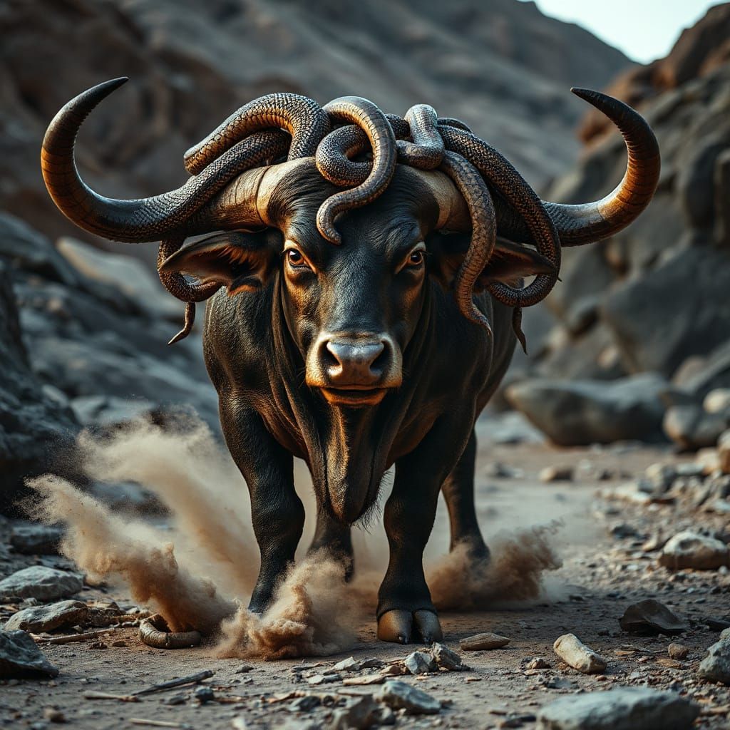 Majestic Gorgon-Bull Hybrid in Canyon, Wildlife Photography