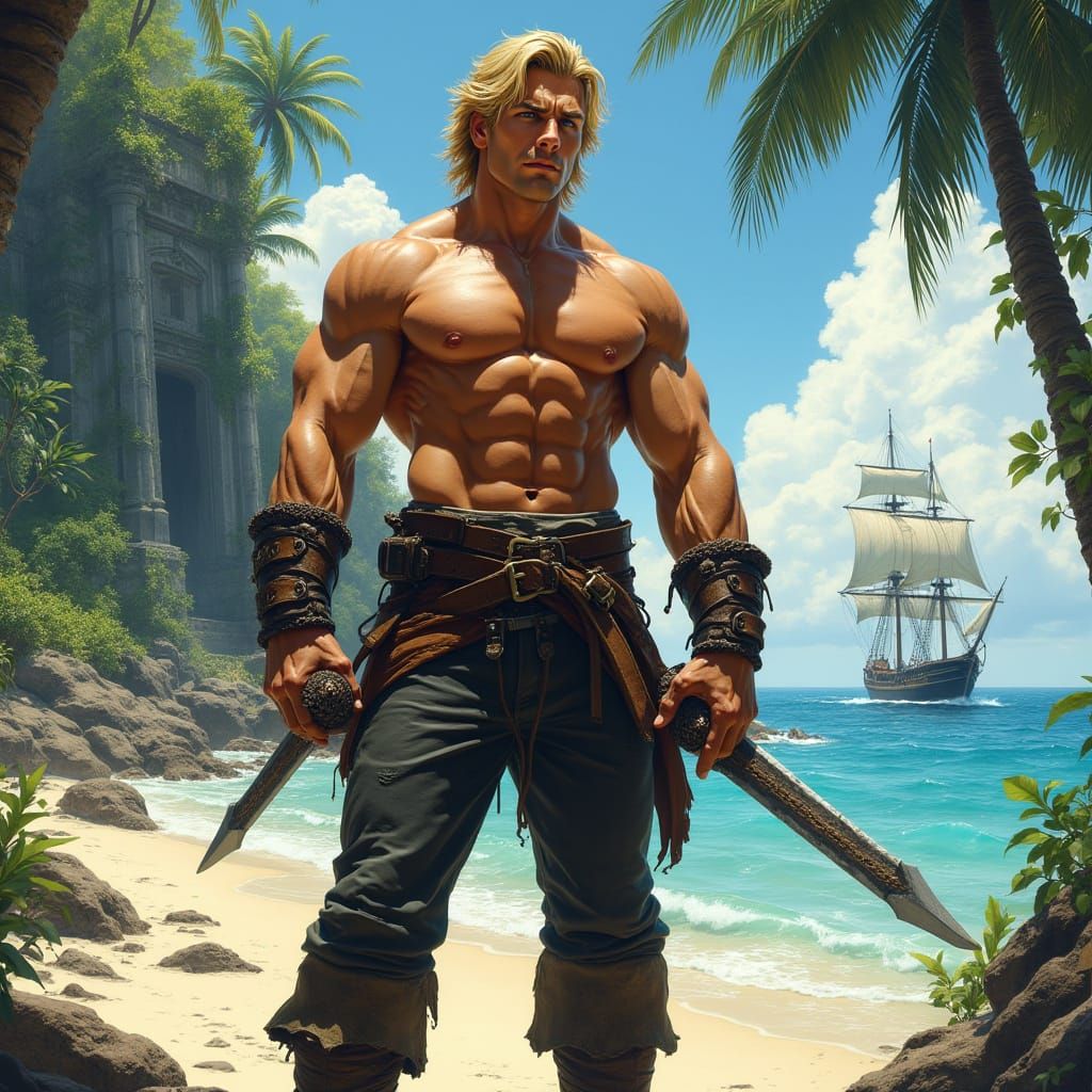 Dashing Buccaneer on Tropical Beach with Cutlass