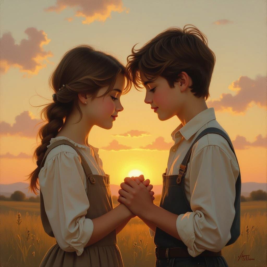 Nostalgic Oil Painting of Young Love at Sunset