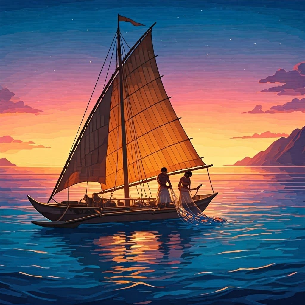 Fishermen's Twilight Catch as Woodblock Print