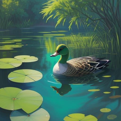 Vibrant Oil Painting of a Duck in a Tranquil Pond