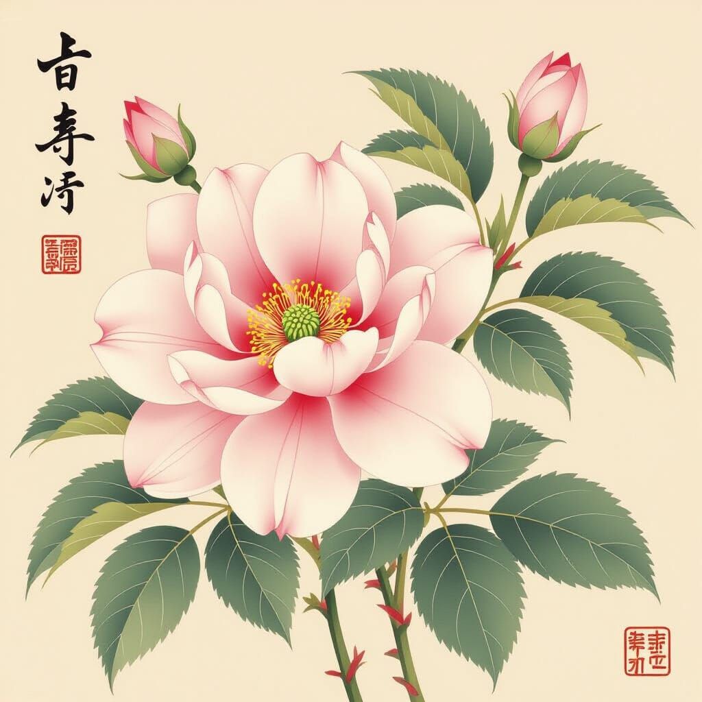 Vibrant Flower Still Life in Nihonga Style