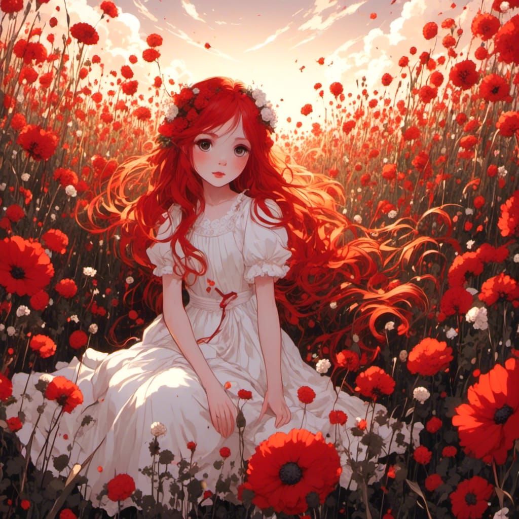 Anime Girl in Flower Field, Glitch Art Style