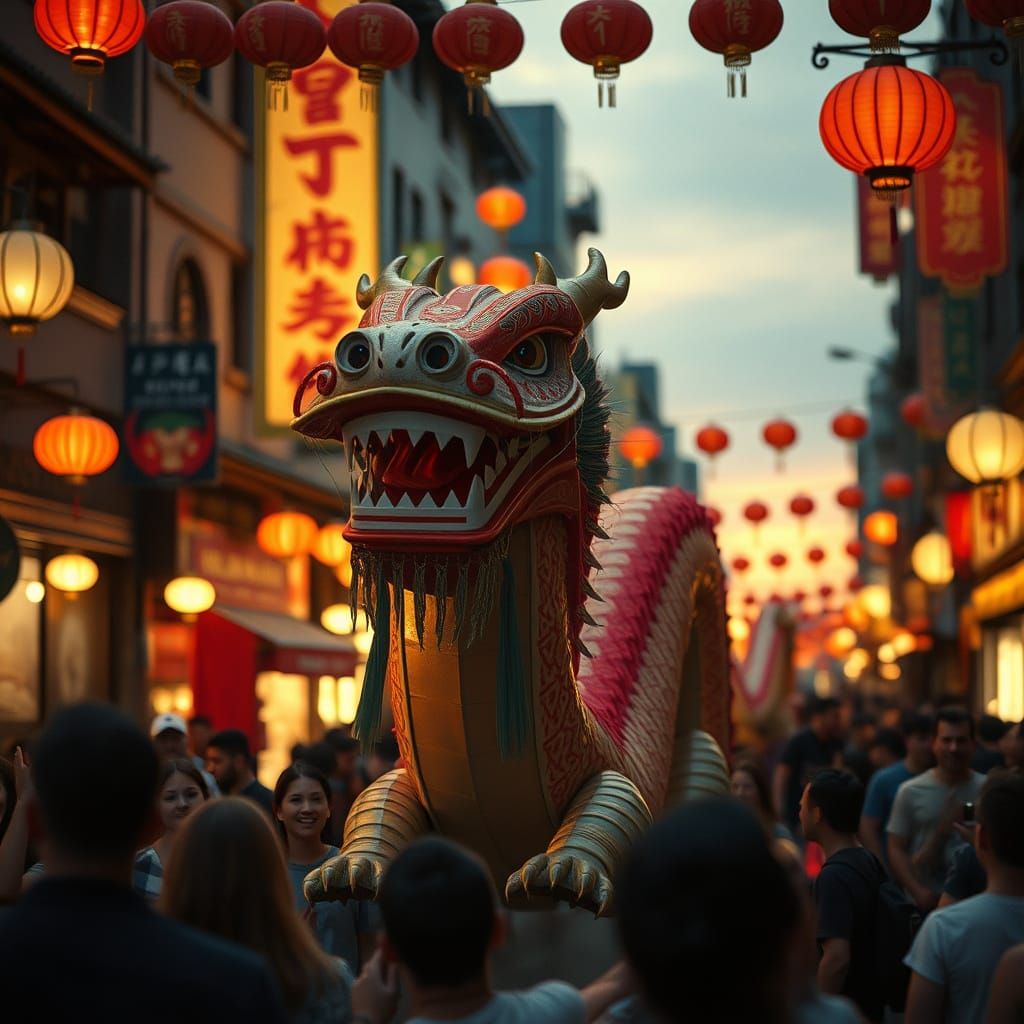 Epic Asian Dragon Parade in Vibrant Chinatown at Sunset