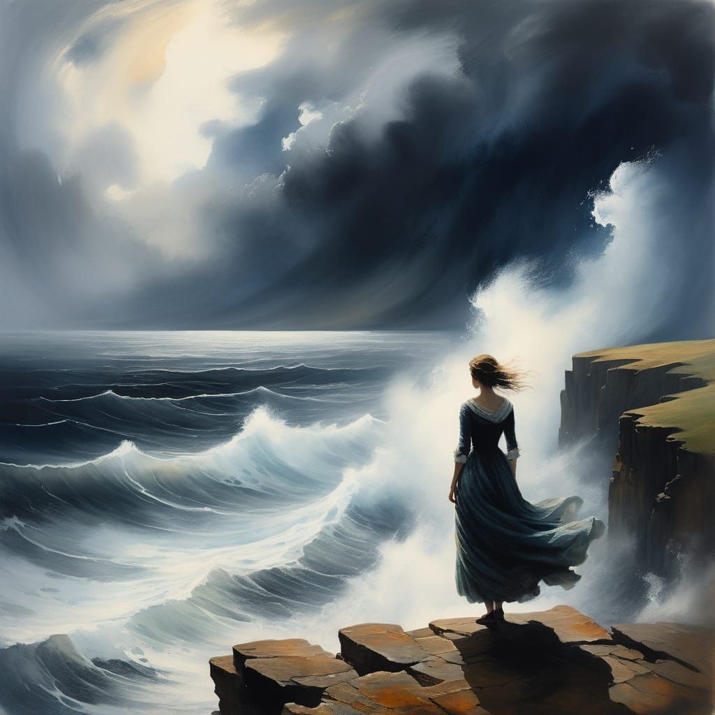Woman in Mist Dress on Stormy Cliff Edge